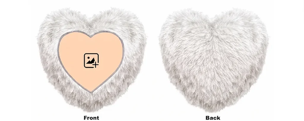 Front and back view mockup templates of a blank white heart-shaped personalized custom photo LED fur cushion from upahar18.