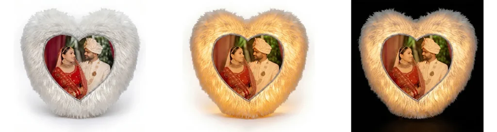 A 3-panel display collage showing the daytime, glowing white, and dark room ambient states of a personalized heart-shaped LED fur cushion from upahar18.