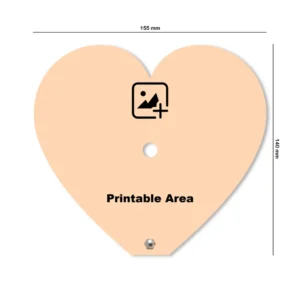 A heart-shaped design template mockup of a upahar18 Table clock with size measurements of 155mm width and 140mm height, showing a blank printable area.