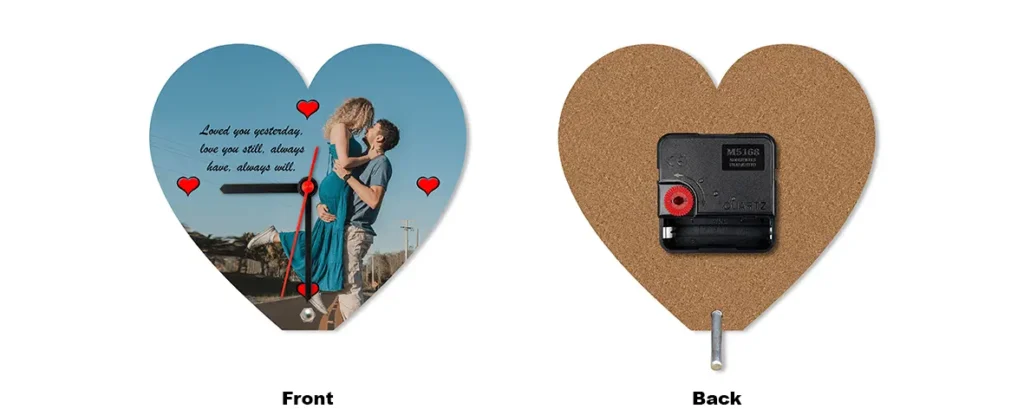 Side-by-side front and back layout preview of the heart-shaped upahar18 personalized custom photo printed MDF Table clock.