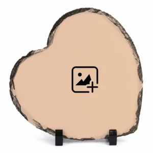 A blank heart shape natural rock stone frame template resting on two black plastic stands against a clean white background. The smooth, beige-colored center features a black photo placeholder icon, showing where a personalized custom photo printed by upahar18 will be positioned.