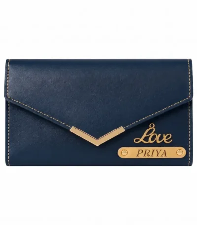 A clean front-facing studio shot of a closed deep blue faux Leather Wallet from upahar18 against a plain white background, highlighting a personalized gold V-shaped metal trim, a cursive 'Love' charm, and a custom name plate printed with PRIYA, offering a premium style similar to a custom men Wallet.