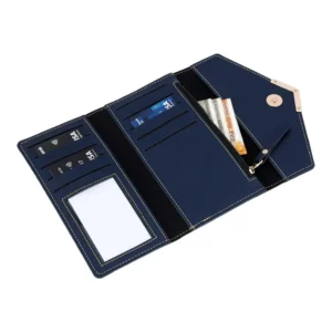 An overhead flat lay view showcasing the unfolded inside compartments of a personalized deep blue faux Leather Wallet from upahar18, featuring a transparent ID window, card slots, a cash pocket, and a zipper pouch, built with the same premium printed custom name options as our classic men Wallet.