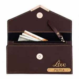 A top-down close-up view of a partially open deep brown faux Leather Wallet from upahar18, showcasing a smooth zipper pouch filled with currency notes, heavy-duty magnetic closure snaps, and the front flap detailing a gold 'Love' charm and a custom name strip printed with PRIYA, standing out like a premium men Wallet.