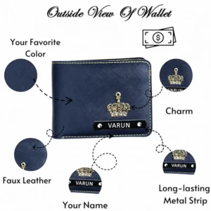 The outside view of a closed dark blue personalized men Wallet from upahar18 made of high-quality faux leather, featuring a metallic crown charm and a long-lasting metal strip printed with a custom name VARUN.