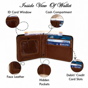 Inside view of an open dark brown faux Leather Wallet for men from upahar18, highlighting multiple compartments including an ID card window, a spacious cash compartment with Indian currency, hidden pockets, and multiple debit or credit card slots.