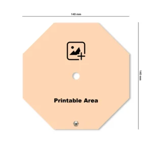 An octagonal design blueprint of a upahar18 Table clock indicating size dimensions of 140mm by 140mm with a central custom photo upload placeholder icon.