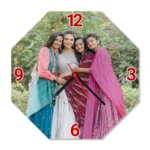 A crisp studio front view of an octagonal upahar18 Wall clock printed with a high-definition custom photo of friends in ethnic wear, isolated on a solid white background.