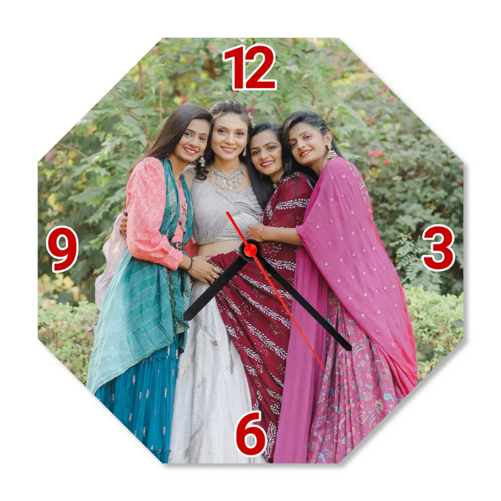 A crisp studio front view of an octagonal upahar18 Wall clock printed with a high-definition custom photo of friends in ethnic wear, isolated on a solid white background.