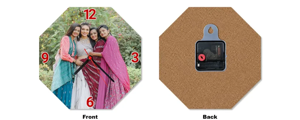 A side-by-side front and back layout preview of the octagon-shaped upahar18 personalized custom photo printed MDF Wall clock mockup.