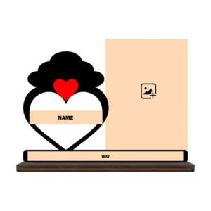 A blank customization mockup template for the upahar18 personalized custom photo printed MDF cutout standee, showcasing placeholder graphics for a photo portrait, a cloud-heart name zone, and a customizable text bar at the base.