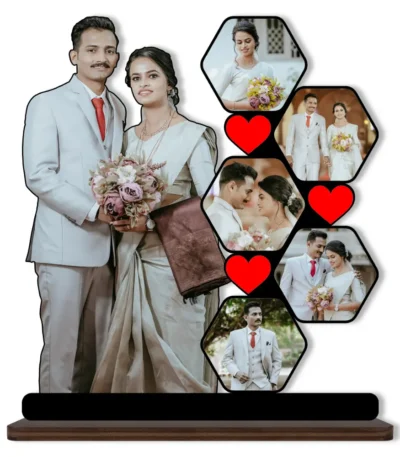 A high-definition personalized custom photo printed MDF cutout standee from upahar18 showcasing a multi-photo hexagon collage of a married couple with red heart details, isolated on a clean white background.