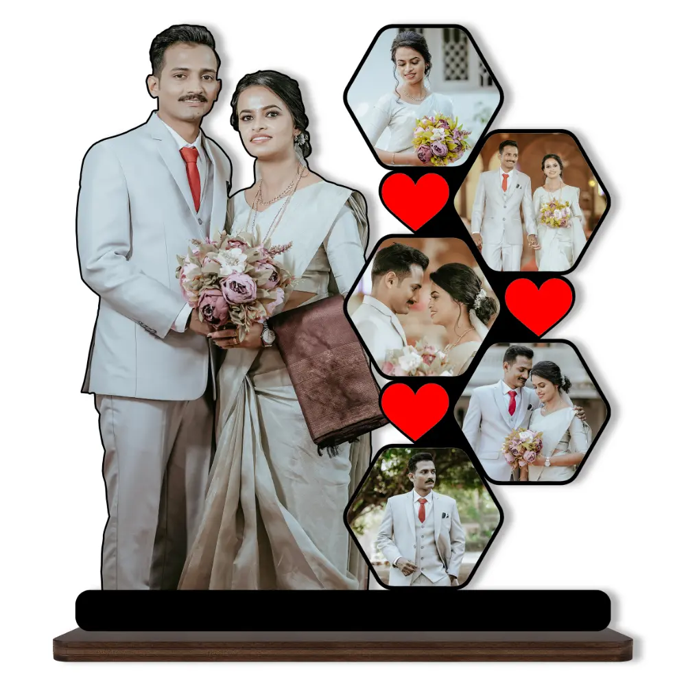A high-definition personalized custom photo printed MDF cutout standee from upahar18 showcasing a multi-photo hexagon collage of a married couple with red heart details, isolated on a clean white background.
