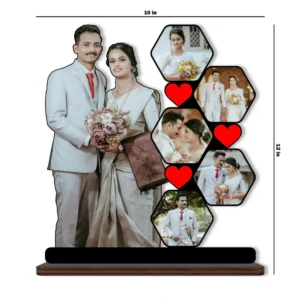 A blank customization mockup template for the upahar18 personalized custom photo printed MDF cutout standee, showcasing placeholder icons for one main silhouette, five empty hexagon collage photo slots, and a text customizable base panel.