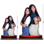 A product size comparison chart displaying the upahar18 personalized custom photo printed MDF cutout standee in 8 inch and 12 inch options, featuring a cheerful best friends theme.