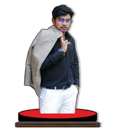 A high-definition personalized custom photo printed MDF cutout standee from upahar18 featuring a stylish young man posing with a jacket over his shoulder, isolated on a clean white background.