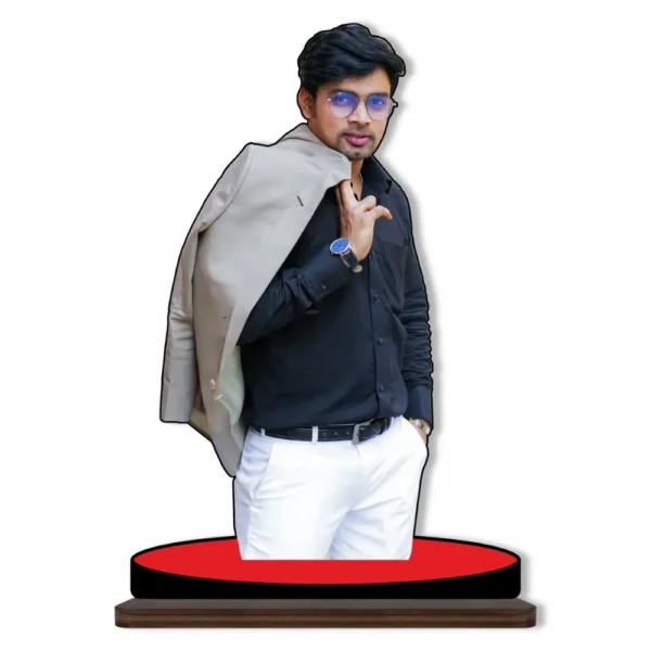 A high-definition personalized custom photo printed MDF cutout standee from upahar18 featuring a stylish young man posing with a jacket over his shoulder, isolated on a clean white background.