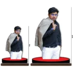 A side-by-side size comparison display of the upahar18 personalized custom photo printed MDF cutout standee in 8 inch and 12 inch options, featuring a stylish man in a black shirt holding a blazer.