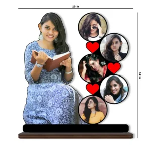 A blank customization mockup template for the upahar18 personalized custom photo printed MDF cutout standee, showing placeholder icons for one large profile silhouette, five round photo slots, and a customizable text base.