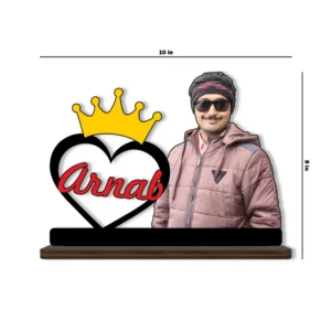 A product dimension chart displaying the exact size measurements of 10 inches width and 8 inches height for the upahar18 personalized royal crown name and custom photo printed MDF cutout standee.