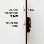 A side view profile diagram of an upahar18 Table clock showing a slim wood thickness of 3 mm and open clock hands with no glass case cover.