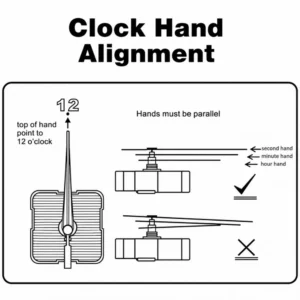 A technical instruction diagram titled Clock Hand Alignment showing the correct parallel arrangement of the hour, minute, and second hands for an upahar18 Table clock.