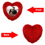 Product features diagram pointing out the front and back details of a personalized red heart fur cushion with a custom photo by upahar18.