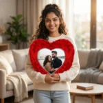 A smiling woman holding a personalized red heart-shaped custom photo fur cushion in a cozy living room setting by upahar18.