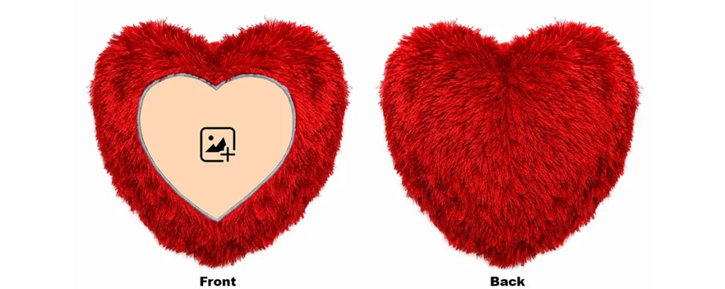 Front and back view of a blank red heart-shaped personalized custom photo fur cushion template by upahar18.