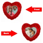 Infographic diagram showing different custom photo options on the front and back layout of a personalized red heart cushion from upahar18.