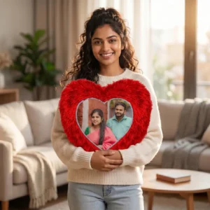 A woman holding a personalized red heart fur cushion with a printed custom photo in a warm living room environment by upahar18.