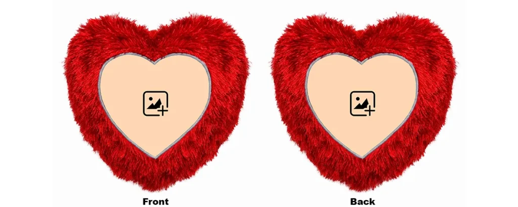 Dual view of customizable red heart-shaped fur cushion mockups with blank custom photo upload zones from upahar18.
