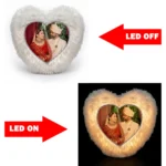 An infographic diagram comparing the LED ON and LED OFF glowing states of a personalized white heart-shaped fur cushion by upahar18.