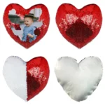 A 4-panel product demonstration collage showing the reversible sequin states and fabric back of a personalized red heart magic cushion by upahar18.