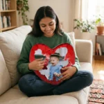 A smiling woman sitting on a couch and interacting with a personalized red heart custom photo magic cushion by upahar18.