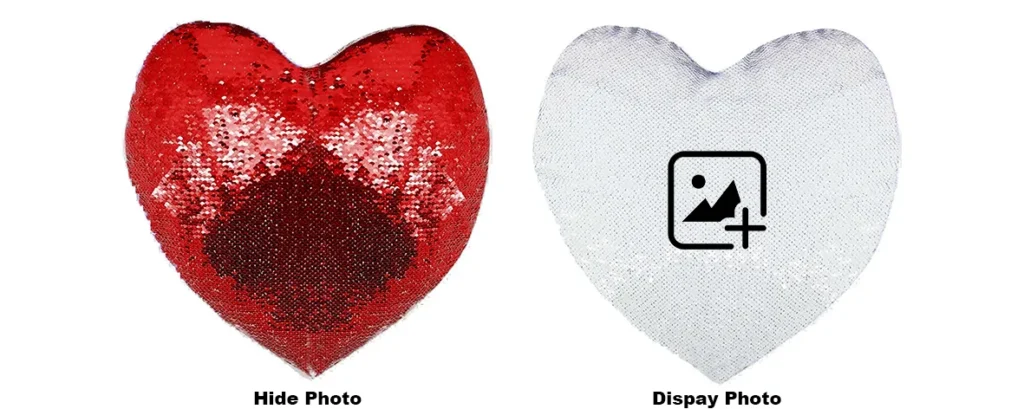 Side-by-side mockup template of a blank red heart personalized custom photo magic cushion for web customization by upahar18.