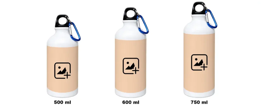 Three different sizes of upahar18 Sipper Bottle mockups in 500ml, 600ml, and 750ml with blank placeholders for custom photo printing.