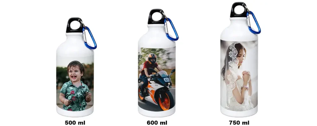 Real-life examples of upahar18 personalized Sipper Bottles in three sizes featuring high-definition printed custom photos of a child, a biker, and a bride.