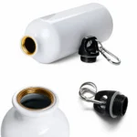 A close-up high-quality view of a white upahar18 Sipper Bottle showing its golden threaded mouth and a black screw cap with a silver carabiner clip.
