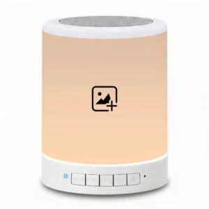A front-facing studio shot of the Upahar18 personalized photo printed touch LED Bluetooth speaker lamp against a white background. The upper translucent body of the speaker lamp glows with a soft, warm beige light, showcasing a blank customization area with a black image placeholder icon where a personalized photo can be printed. The white solid base features a tiny blue light indicator and five rectangular buttons for mode, track control, and power settings.