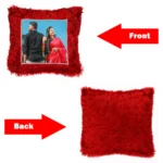 Product graphic detailing the front custom photo panel and the soft back texture of a personalized red square fur cushion from upahar18.