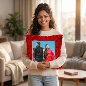 A smiling woman holding a personalized red square-shaped custom photo fur cushion in a beautifully lit room by upahar18.