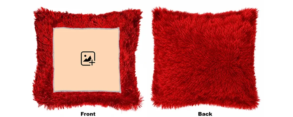 Front and back view templates of a blank red square personalized custom photo fur cushion mockup from upahar18.