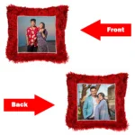 Infographic diagram showcasing front and reverse print layout options for a personalized red square fur cushion by upahar18.