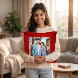 A woman holding a personalized red square-shaped custom photo fur cushion in a brightly lit modern living room by upahar18.
