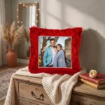An elegant home decor setting featuring a personalized red square fur cushion with a custom photo by upahar18.