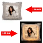 An infographic diagram comparing the LED OFF daytime view and the glowing LED ON nighttime view of a personalized square fur cushion by upahar18.