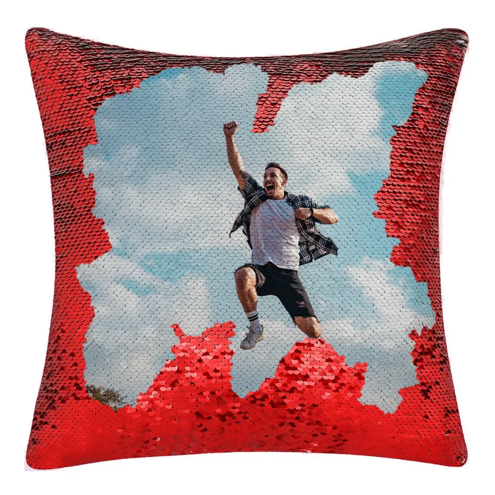 Upahar18 Personalized Square Shape Magic Cushion - Red Colour 001a A close-up product shot of a personalized red square-shaped magic cushion partially revealing a joyful man jumping in the air by upahar18.
