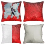 A 4-step sequence collage demonstrating how to reveal, hide, or display a custom photo on the personalized red square magic cushion by upahar18.