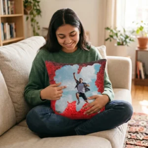 A smiling woman sitting on a sofa and interacting with a personalized red square custom photo magic cushion by upahar18.
